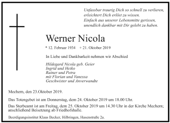 Traueranzeige von Werner Nicola von saarbruecker_zeitung