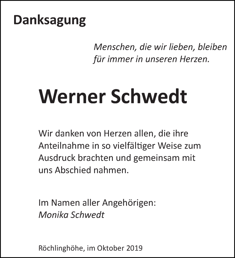 Traueranzeige für Werner Schwedt vom 19.10.2019 aus saarbruecker_zeitung