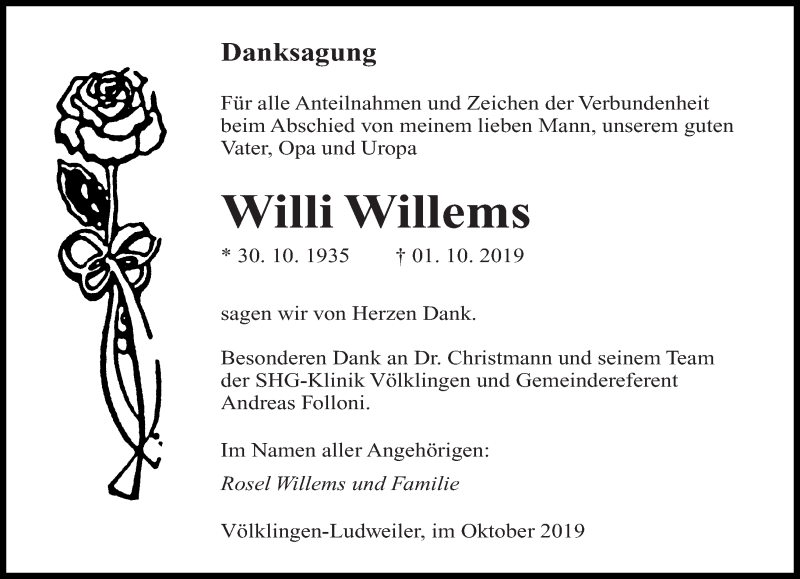  Traueranzeige für Willi Willems vom 26.10.2019 aus saarbruecker_zeitung
