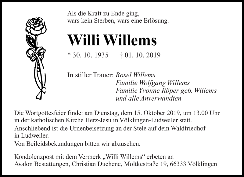  Traueranzeige für Willi Willems vom 12.10.2019 aus saarbruecker_zeitung