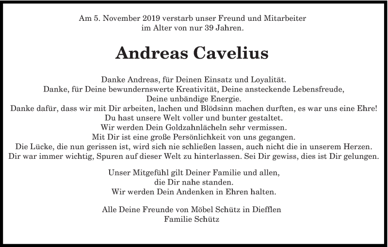  Traueranzeige für Andreas Cavelius vom 13.11.2019 aus saarbruecker_zeitung