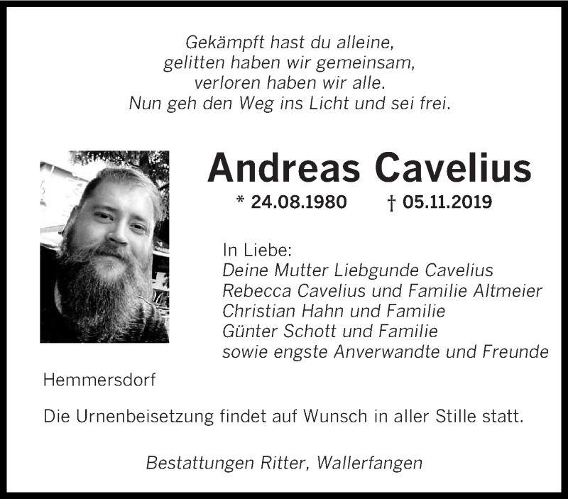  Traueranzeige für Andreas Cavelius vom 11.11.2019 aus saarbruecker_zeitung