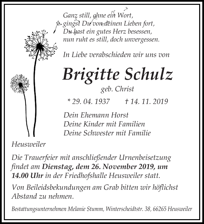  Traueranzeige für Brigitte Schulz vom 23.11.2019 aus saarbruecker_zeitung