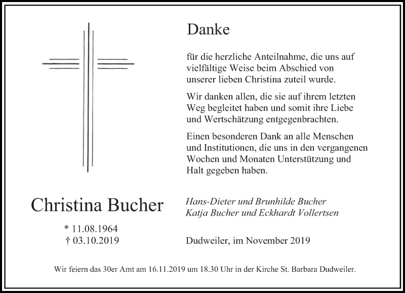  Traueranzeige für Christina Bucher vom 09.11.2019 aus saarbruecker_zeitung
