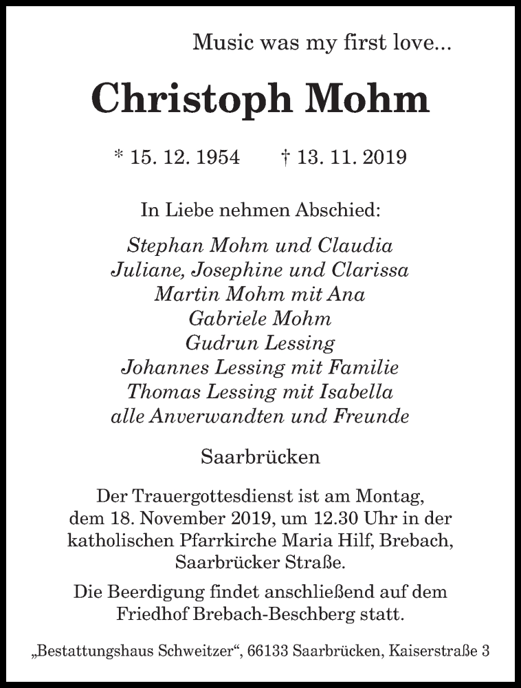  Traueranzeige für Christoph Mohm vom 16.11.2019 aus saarbruecker_zeitung