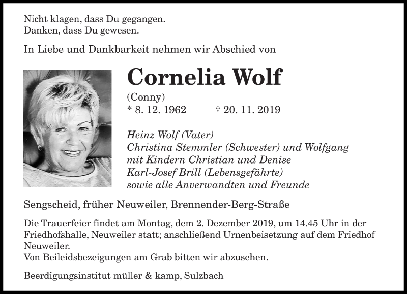  Traueranzeige für Cornelia Wolf vom 27.11.2019 aus saarbruecker_zeitung