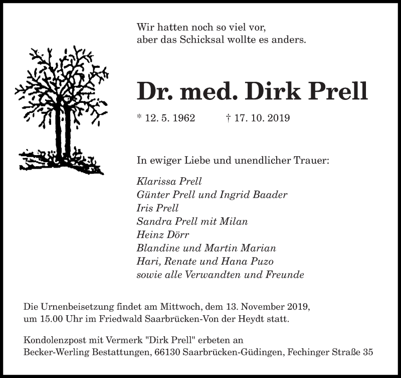  Traueranzeige für Dirk Prell vom 09.11.2019 aus saarbruecker_zeitung