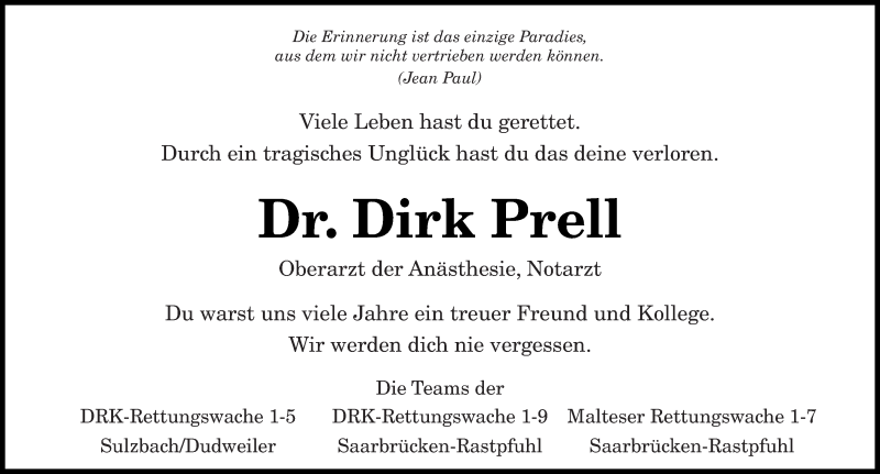  Traueranzeige für Dirk Prell vom 13.11.2019 aus saarbruecker_zeitung