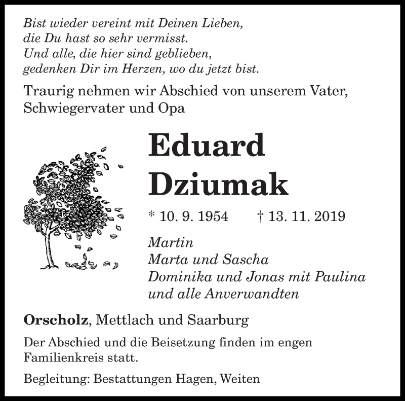  Traueranzeige für Eduard Dziumak vom 15.11.2019 aus saarbruecker_zeitung