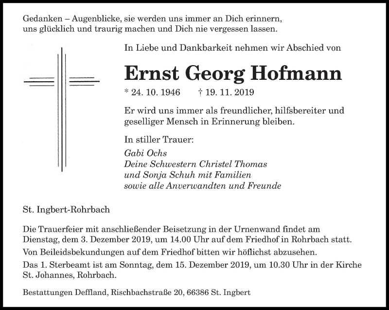  Traueranzeige für Ernst Georg Hofmann vom 29.11.2019 aus saarbruecker_zeitung