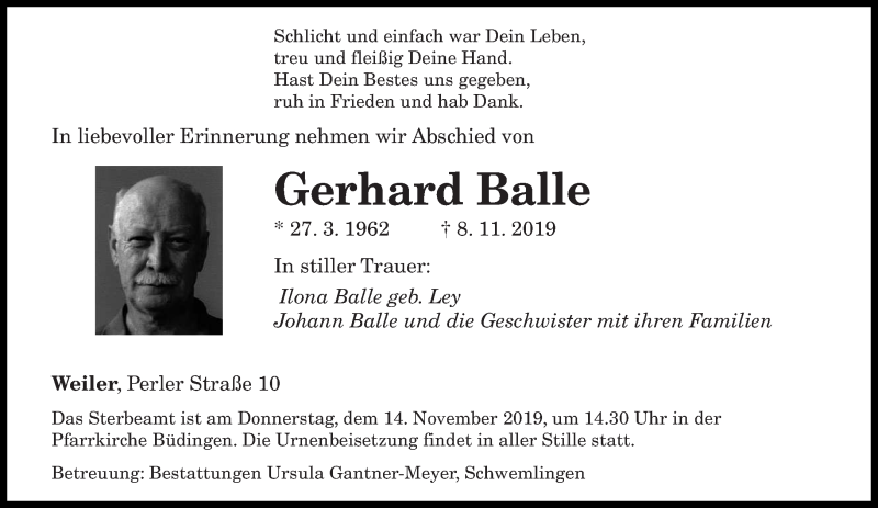  Traueranzeige für Gerhard Balle vom 11.11.2019 aus saarbruecker_zeitung