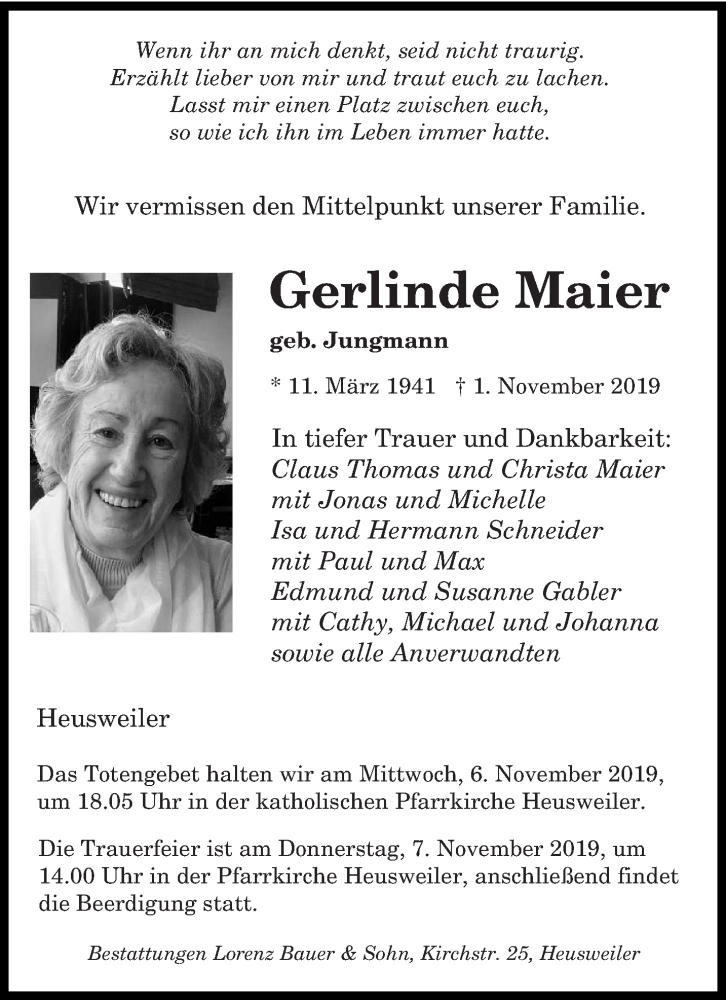  Traueranzeige für Gerlinde Maier vom 05.11.2019 aus saarbruecker_zeitung