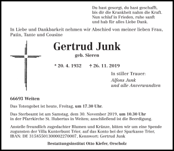 Traueranzeige von Gertrud Junk von saarbruecker_zeitung