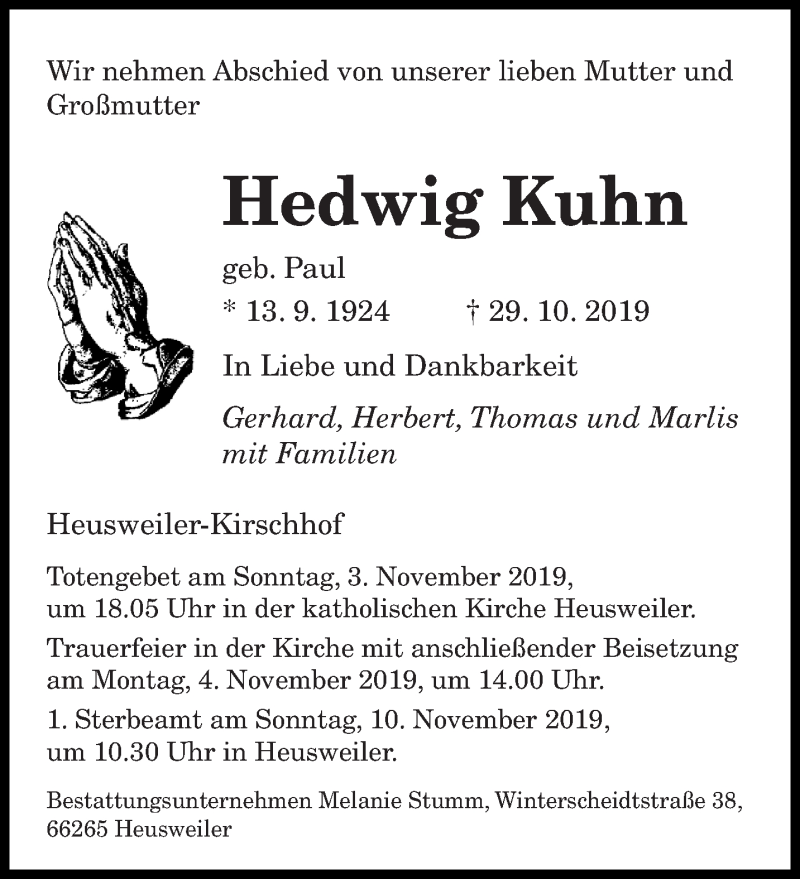  Traueranzeige für Hedwig Kuhn vom 02.11.2019 aus saarbruecker_zeitung