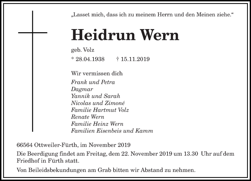  Traueranzeige für Heidrun Wern vom 20.11.2019 aus saarbruecker_zeitung