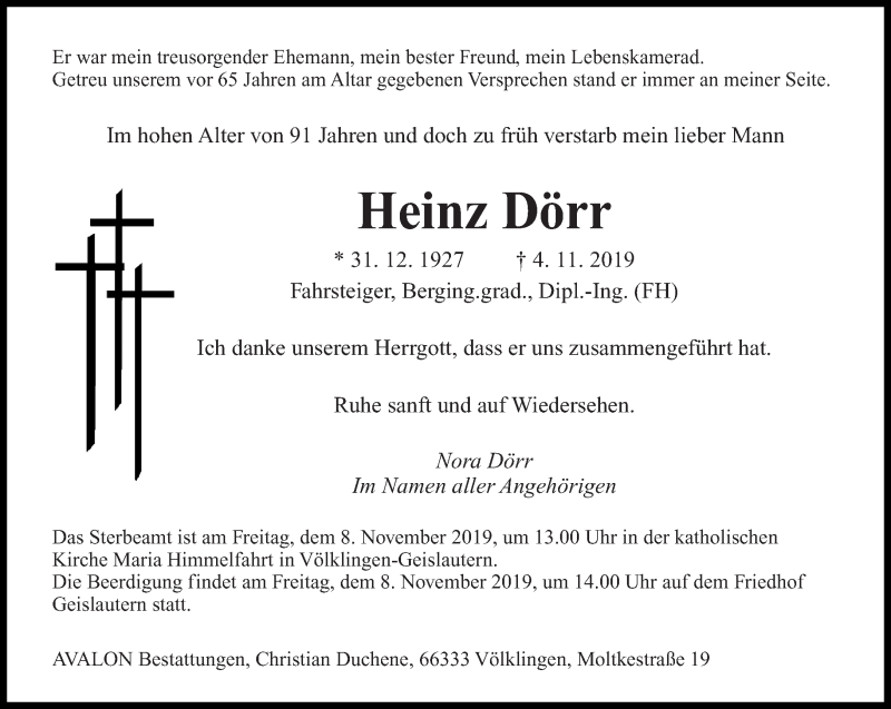  Traueranzeige für Heinz Dörr vom 07.11.2019 aus saarbruecker_zeitung