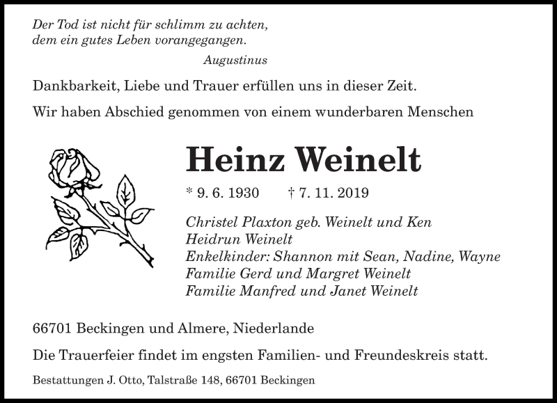  Traueranzeige für Heinz Weinelt vom 13.11.2019 aus saarbruecker_zeitung