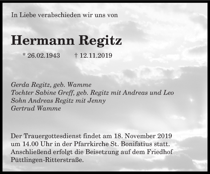  Traueranzeige für Hermann Regitz vom 16.11.2019 aus saarbruecker_zeitung