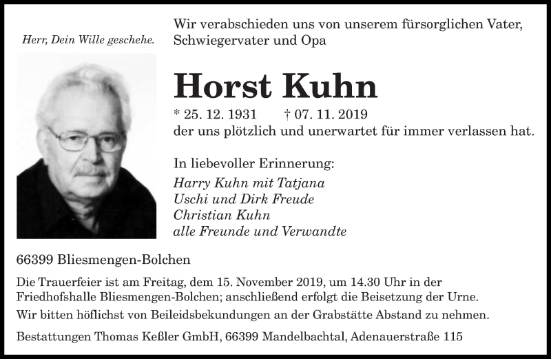  Traueranzeige für Horst Kuhn vom 13.11.2019 aus saarbruecker_zeitung