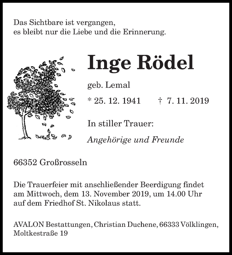  Traueranzeige für Inge Rödel vom 11.11.2019 aus saarbruecker_zeitung
