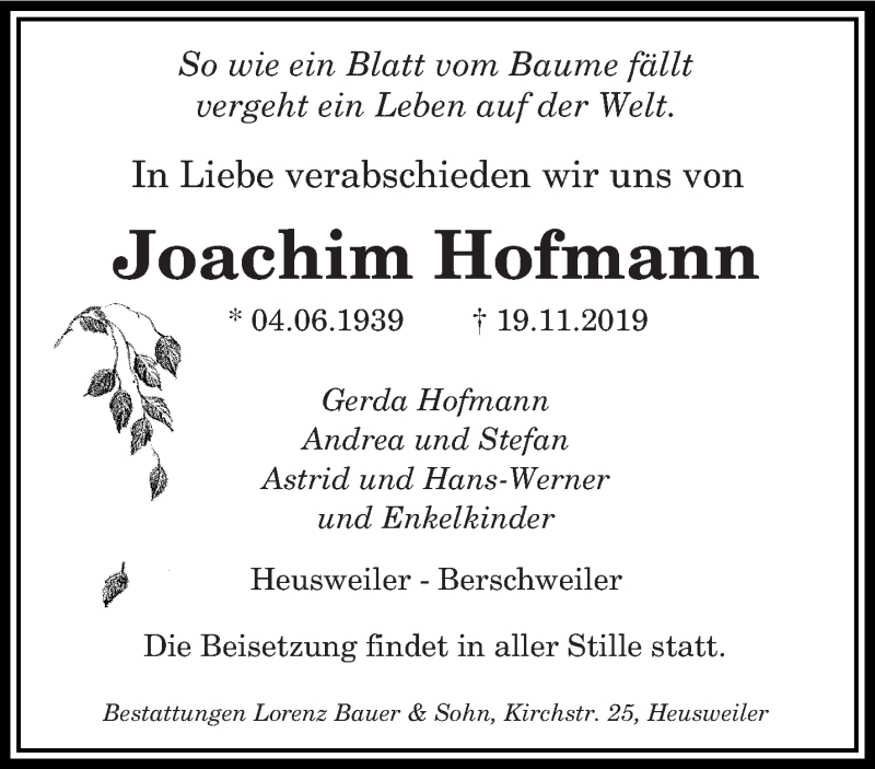  Traueranzeige für Joachim Hofmann vom 23.11.2019 aus saarbruecker_zeitung