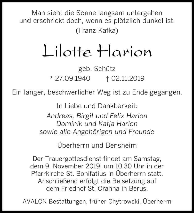  Traueranzeige für Lilotte Harion vom 07.11.2019 aus saarbruecker_zeitung