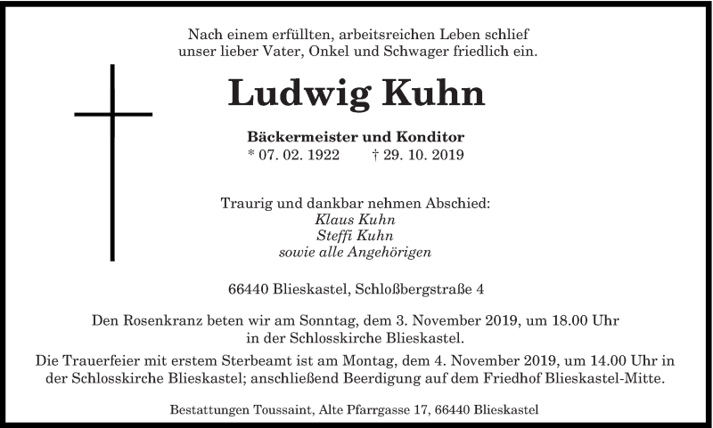  Traueranzeige für Ludwig Kuhn vom 02.11.2019 aus saarbruecker_zeitung