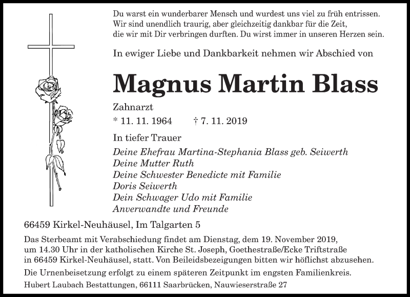  Traueranzeige für Magnus Martin Blass vom 14.11.2019 aus saarbruecker_zeitung