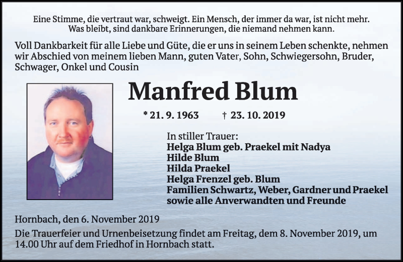  Traueranzeige für Manfred Blum vom 06.11.2019 aus saarbruecker_zeitung