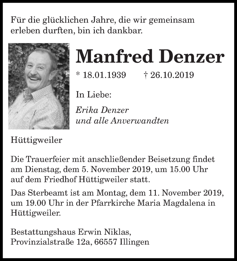  Traueranzeige für Manfred Denzer vom 02.11.2019 aus saarbruecker_zeitung