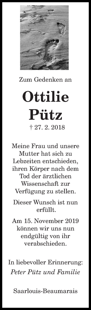 Traueranzeige von Ottilie Pütz von saarbruecker_zeitung