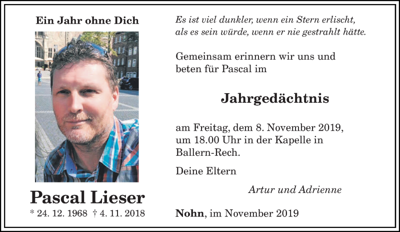  Traueranzeige für Pascal Lieser vom 05.11.2019 aus saarbruecker_zeitung