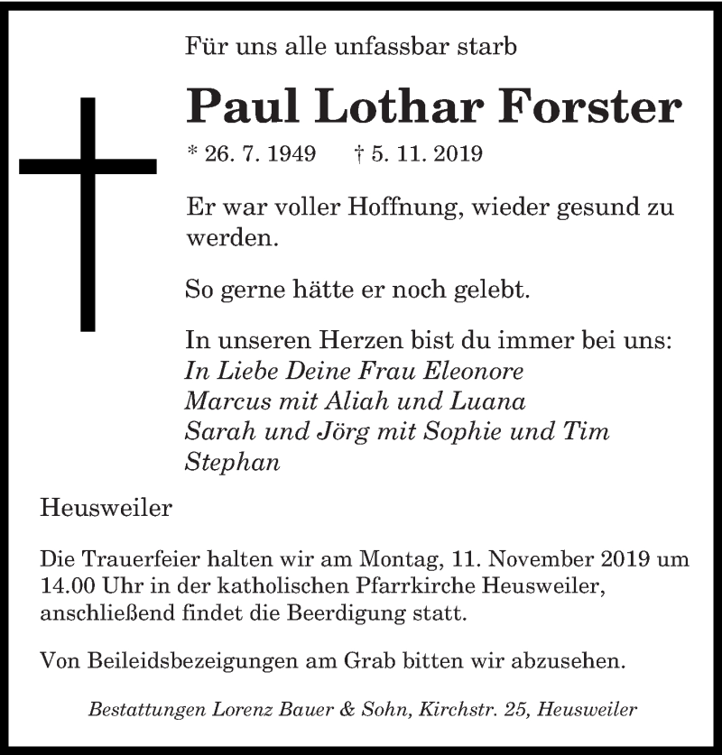  Traueranzeige für Paul Lothar Forster vom 09.11.2019 aus saarbruecker_zeitung