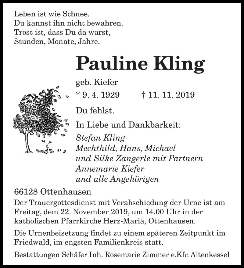  Traueranzeige für Pauline Kling vom 16.11.2019 aus saarbruecker_zeitung