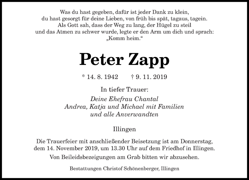  Traueranzeige für Peter Zapp vom 12.11.2019 aus saarbruecker_zeitung