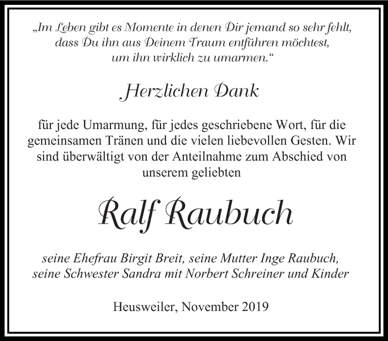  Traueranzeige für Ralf Raubuch vom 23.11.2019 aus saarbruecker_zeitung