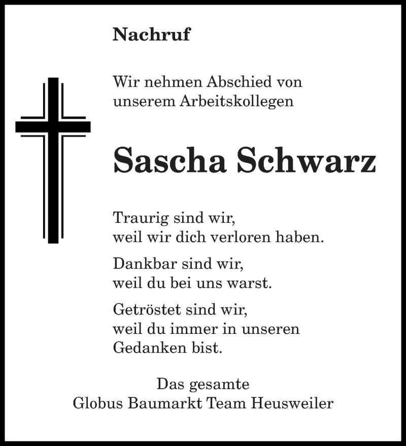  Traueranzeige für Sascha Schwarz vom 16.11.2019 aus saarbruecker_zeitung