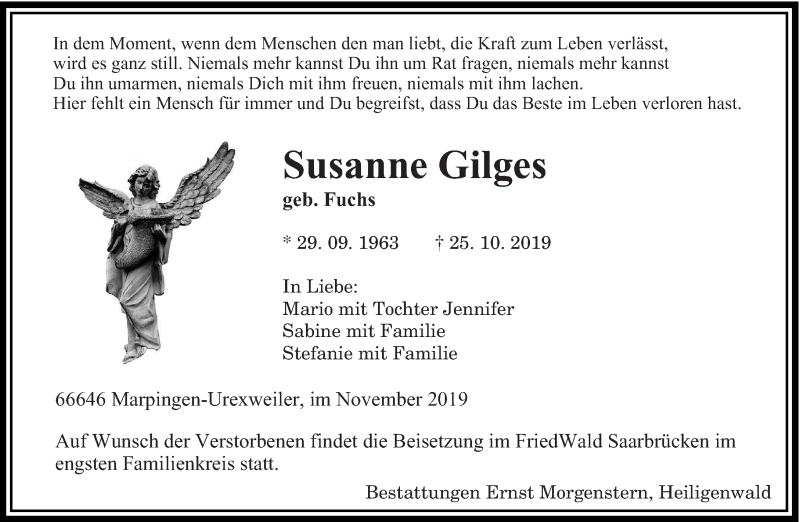  Traueranzeige für Susanne Gilges vom 16.11.2019 aus saarbruecker_zeitung
