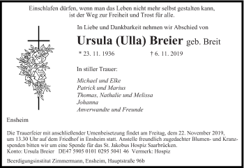 Traueranzeige von Ursula Breier von saarbruecker_zeitung