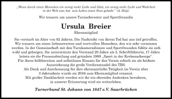 Traueranzeige von Ursula Breier von saarbruecker_zeitung