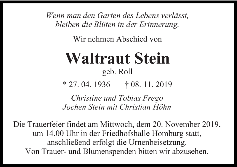  Traueranzeige für Waltraut Stein vom 15.11.2019 aus saarbruecker_zeitung