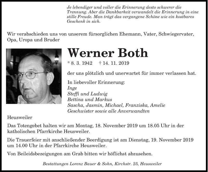  Traueranzeige für Werner Both vom 16.11.2019 aus saarbruecker_zeitung