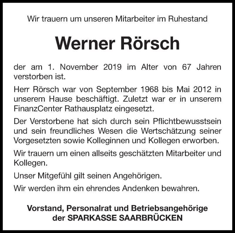  Traueranzeige für Werner Rörsch vom 16.11.2019 aus saarbruecker_zeitung