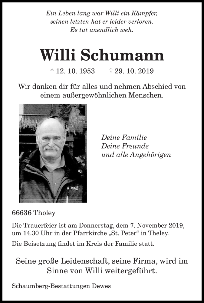  Traueranzeige für Willi Schumann vom 06.11.2019 aus saarbruecker_zeitung