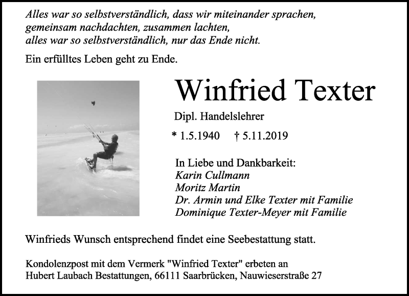 Traueranzeige für Winfried Texter vom 16.11.2019 aus saarbruecker_zeitung