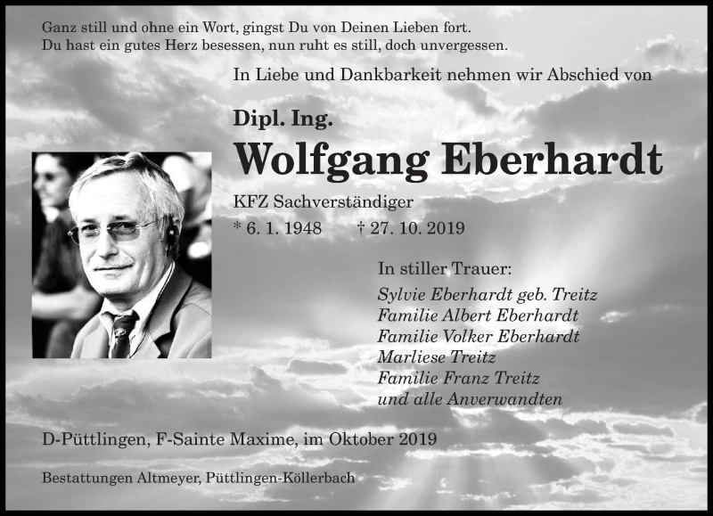  Traueranzeige für Wolfgang Eberhardt vom 02.11.2019 aus saarbruecker_zeitung