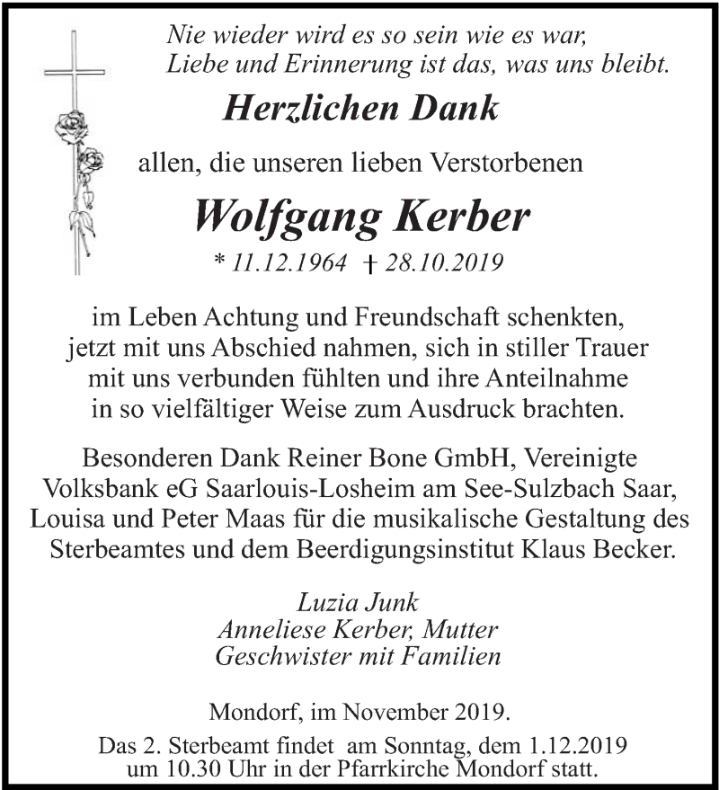  Traueranzeige für Wolfgang Kerber vom 20.11.2019 aus saarbruecker_zeitung