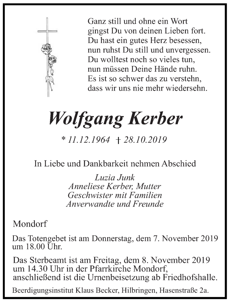  Traueranzeige für Wolfgang Kerber vom 04.11.2019 aus saarbruecker_zeitung