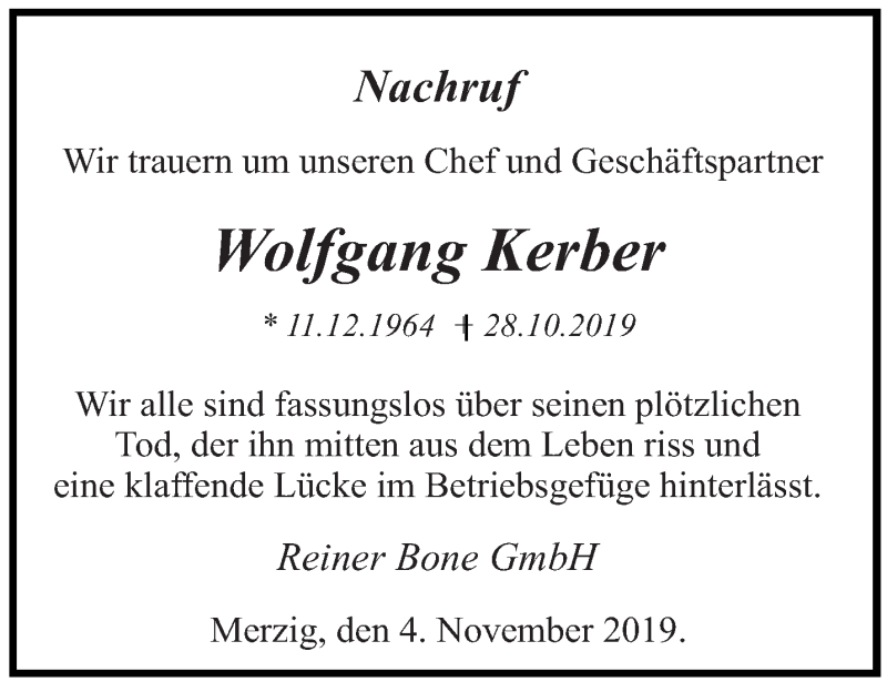  Traueranzeige für Wolfgang Kerber vom 04.11.2019 aus saarbruecker_zeitung