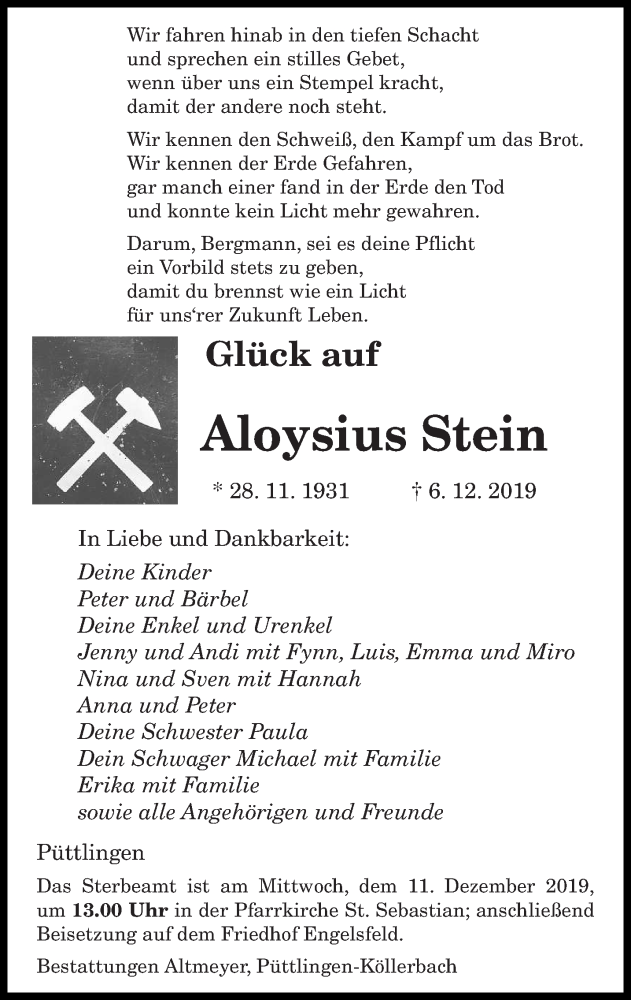  Traueranzeige für Aloysius Stein vom 09.12.2019 aus saarbruecker_zeitung
